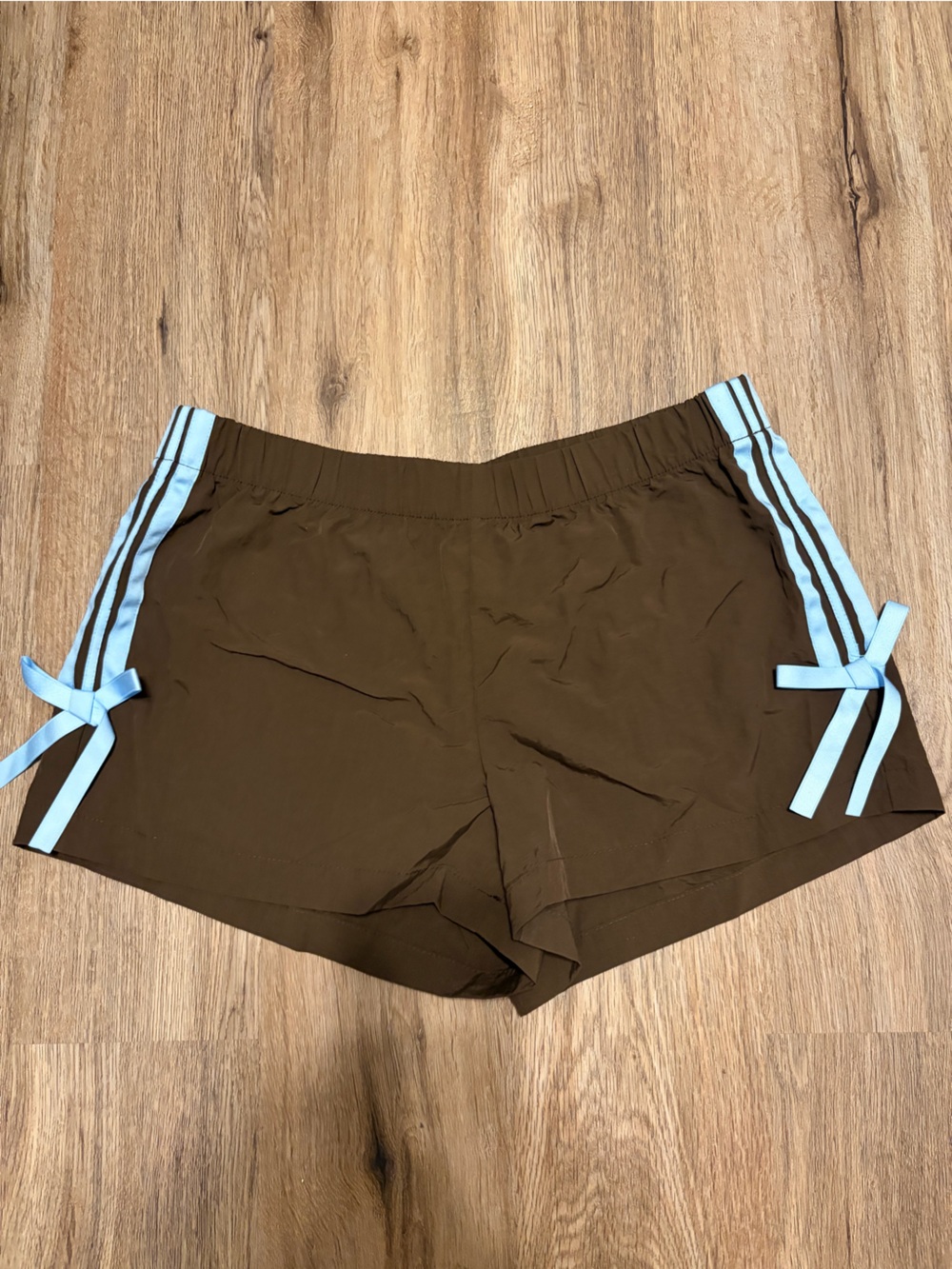 No Boundaries Brown Athletic Shorts with Light Blue Side Stripes and Bow Detail